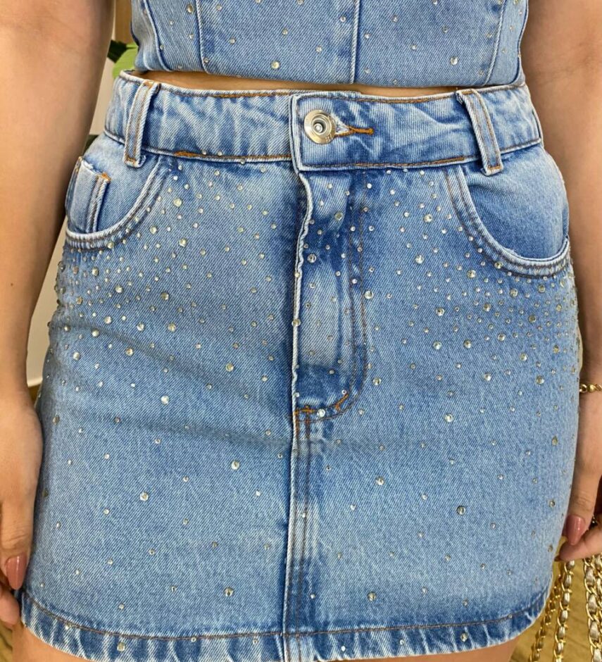Saia Feminina Curta Ayla com Aplicações Jeans - Fernanda Ramos Store
