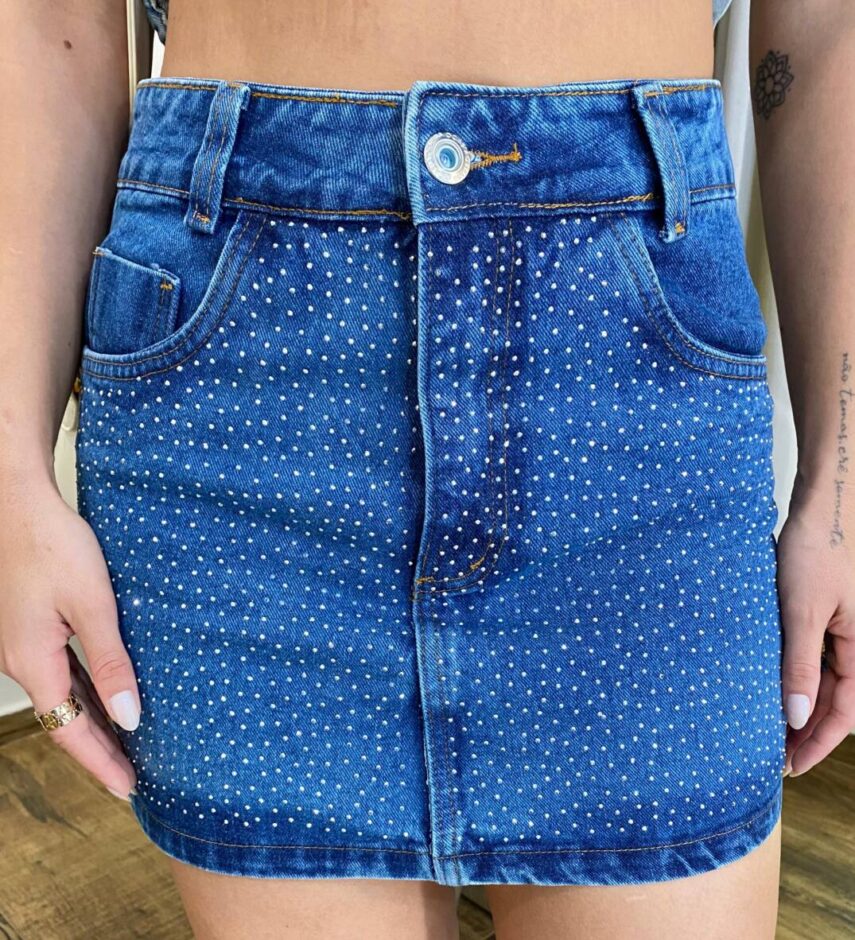 Saia Feminina Curta Maya com Amarração e Aplicações Jeans 1002B - Fernanda Ramos Store