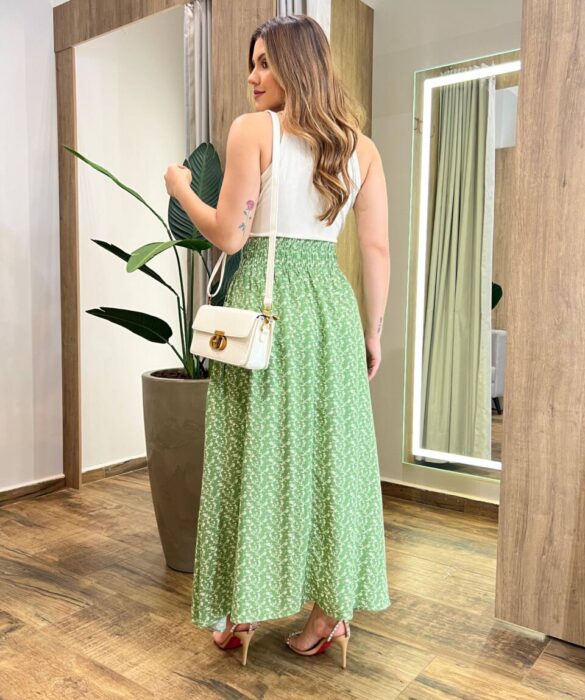 Saia Feminina Longa Luísa com Bolsos e Fenda Estampada Verde Oliva - Fernanda Ramos Store