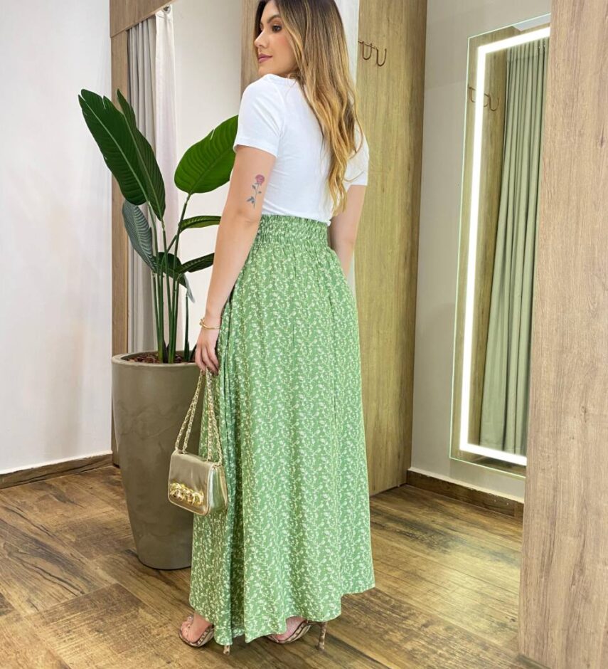 Saia Feminina Longa Luísa com Bolsos e Fenda Estampada Verde Oliva - Fernanda Ramos Store