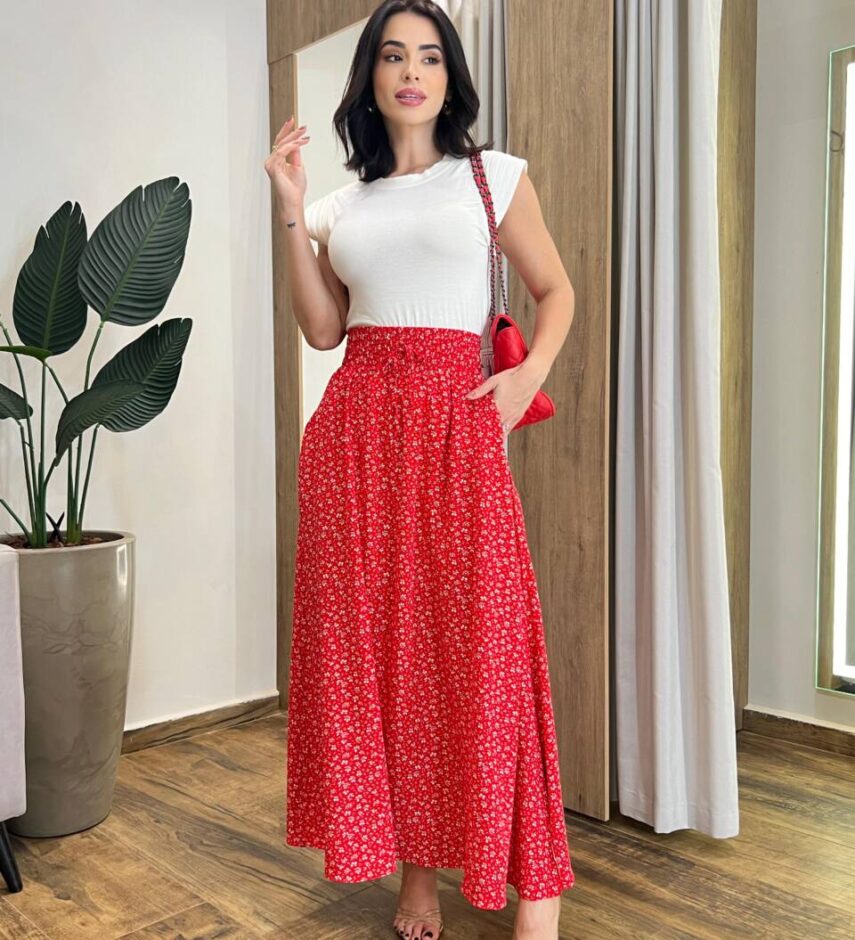 Saia Longa Feminina Luísa com Bolsos e Fenda Vermelha Estampada - Fernanda Ramos Store