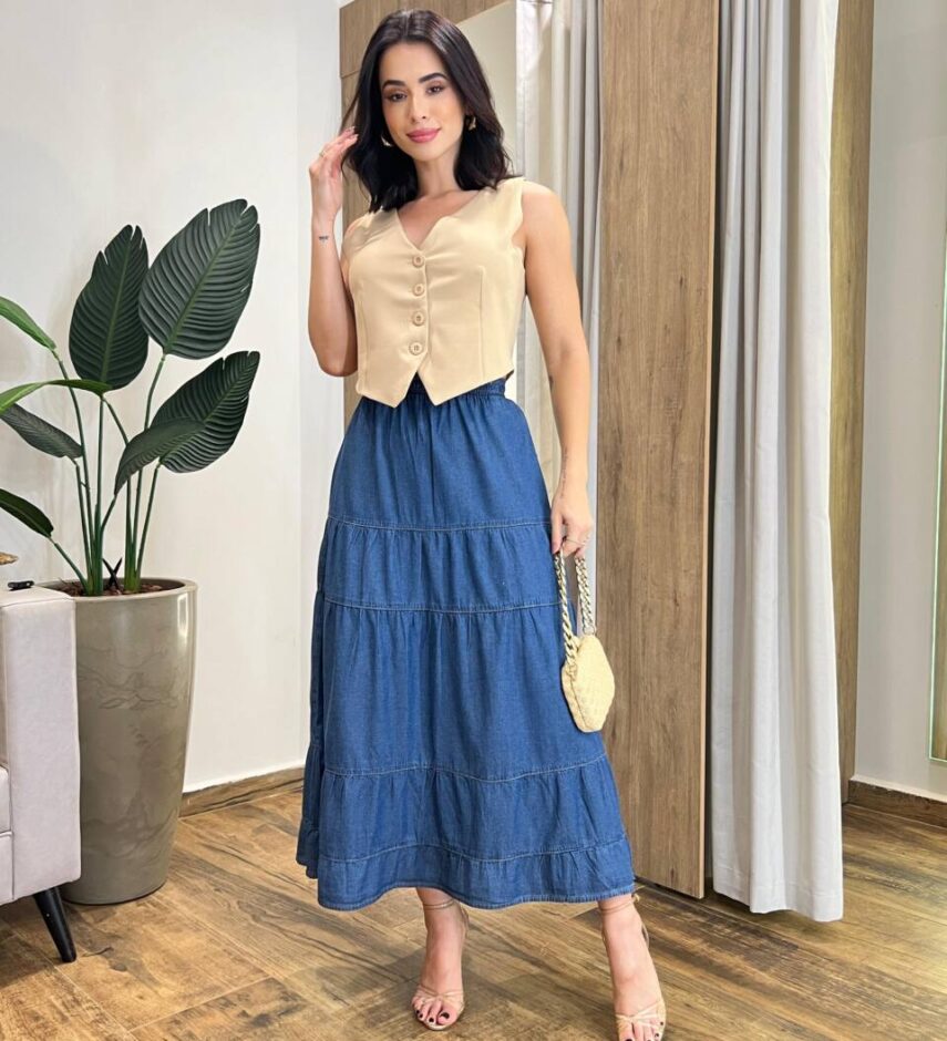 Saia Feminina Longa Maria Jeans Escuro 062556 - Fernanda Ramos Store