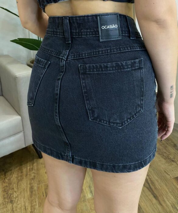 Saia Jeans Feminina Curta Mari com Aplicações Preta 1002P - Fernanda Ramos Store