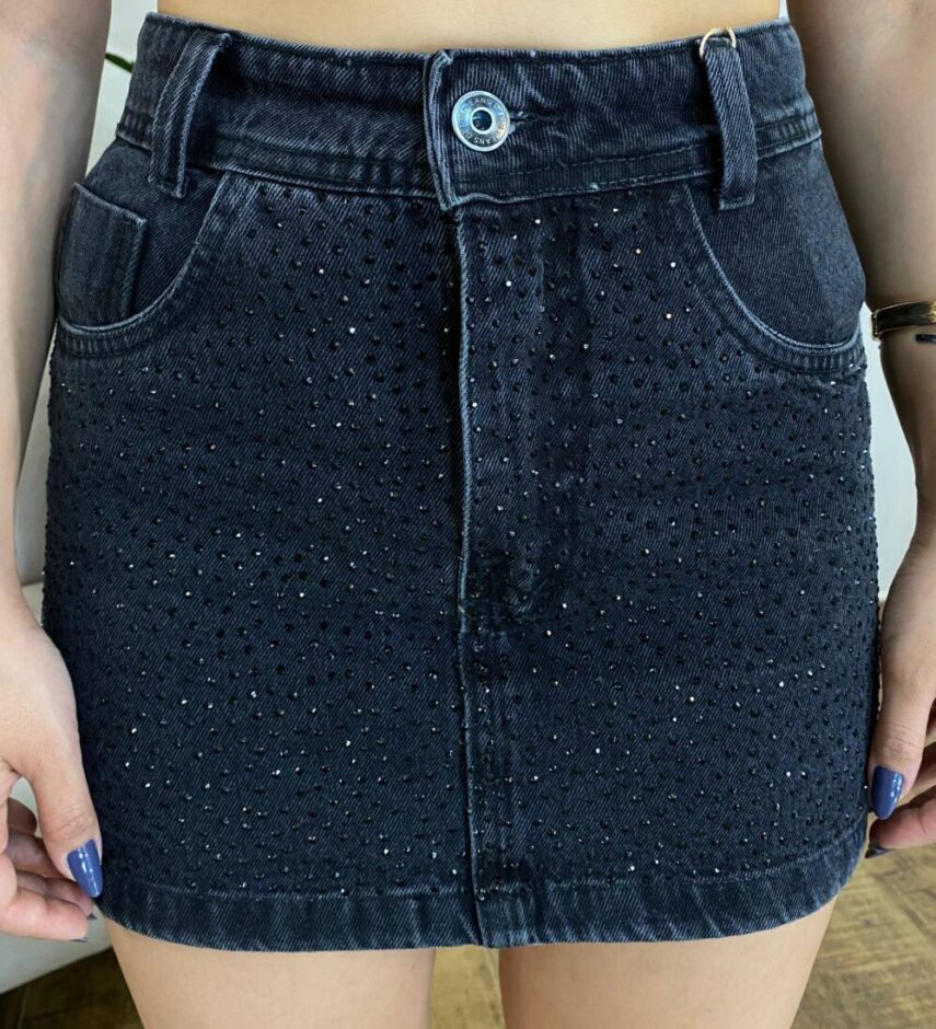 Saia Jeans Feminina Curta Mari com Aplicações Preta 1002P - Fernanda Ramos Store