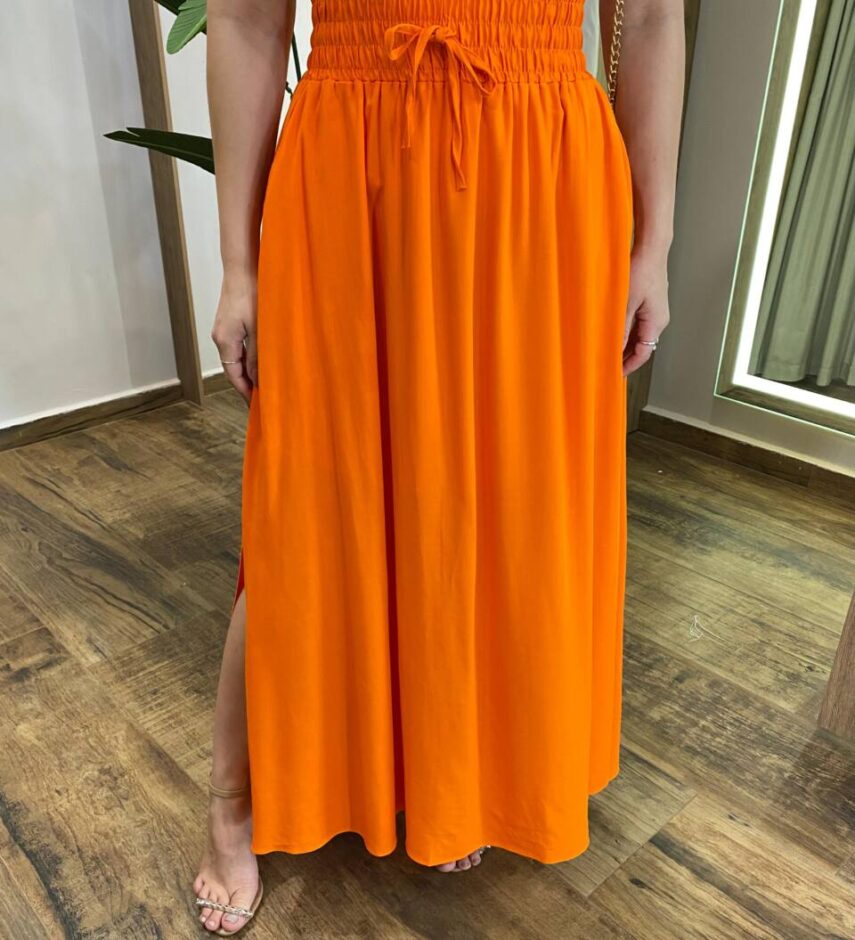 Saia Longa Feminina Agatha com Bolsos e Fenda Laranja - Fernanda Ramos Store