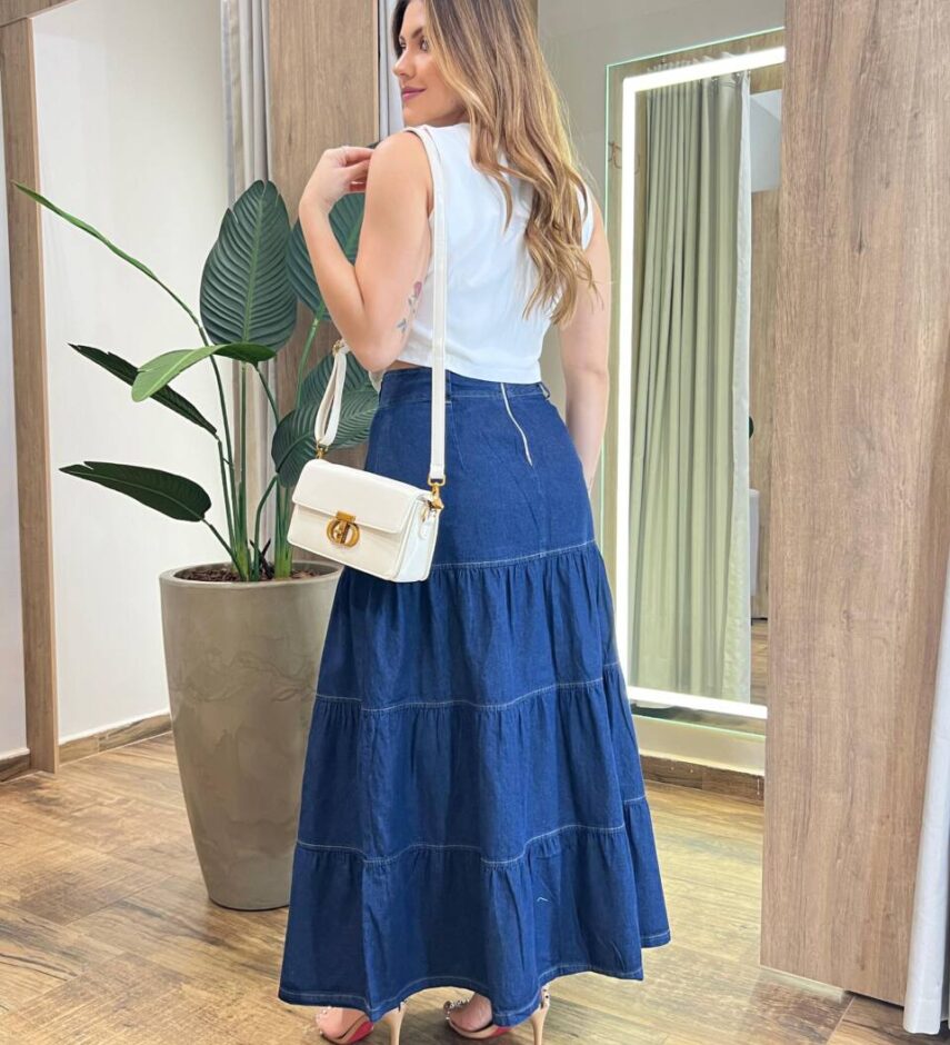 Saia Longa Feminina Aurora Jeans com Zíper Atrás - Fernanda Ramos Store