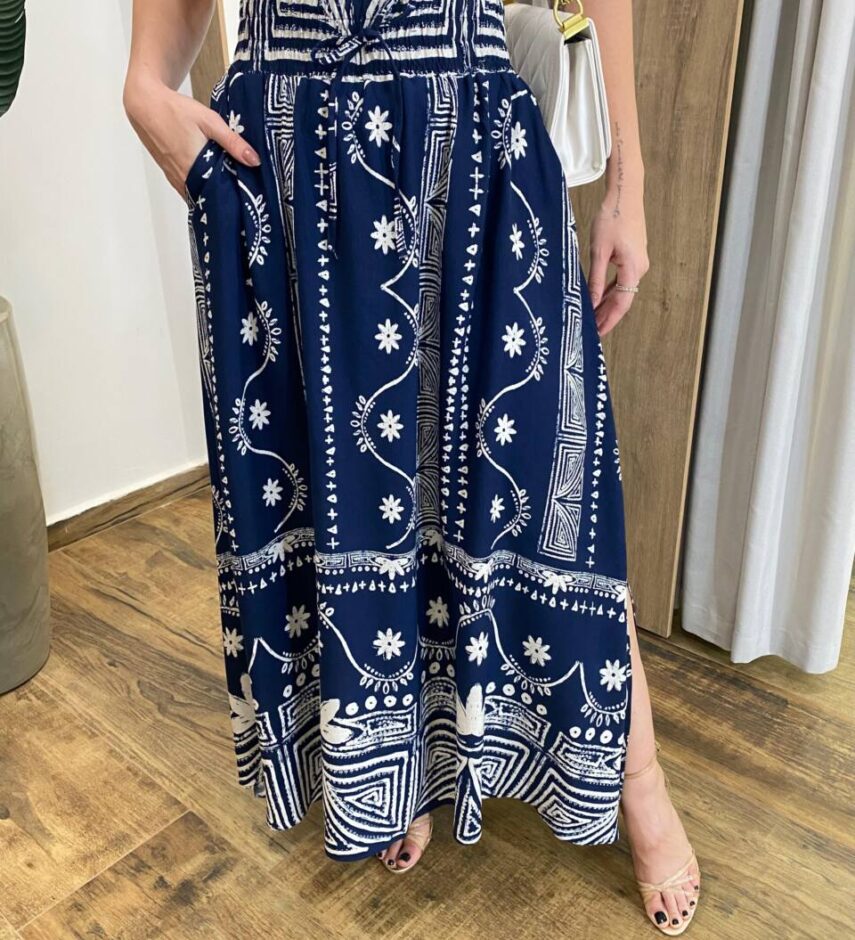 Saia Longa Feminina Cecília com Bolsos e Fenda Azul Marinho Estampada - Fernanda Ramos Store