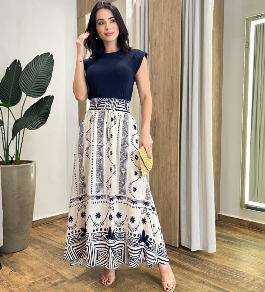 Saia Longa Feminina Cecília com Bolsos e Fenda Estampada - Fernanda Ramos Store