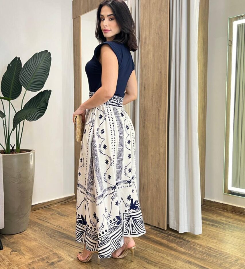 Saia Longa Feminina Cecília com Bolsos e Fenda Estampada - Fernanda Ramos Store