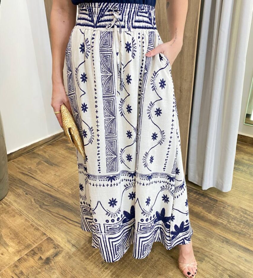 Saia Longa Feminina Cecília com Bolsos e Fenda Estampada - Fernanda Ramos Store