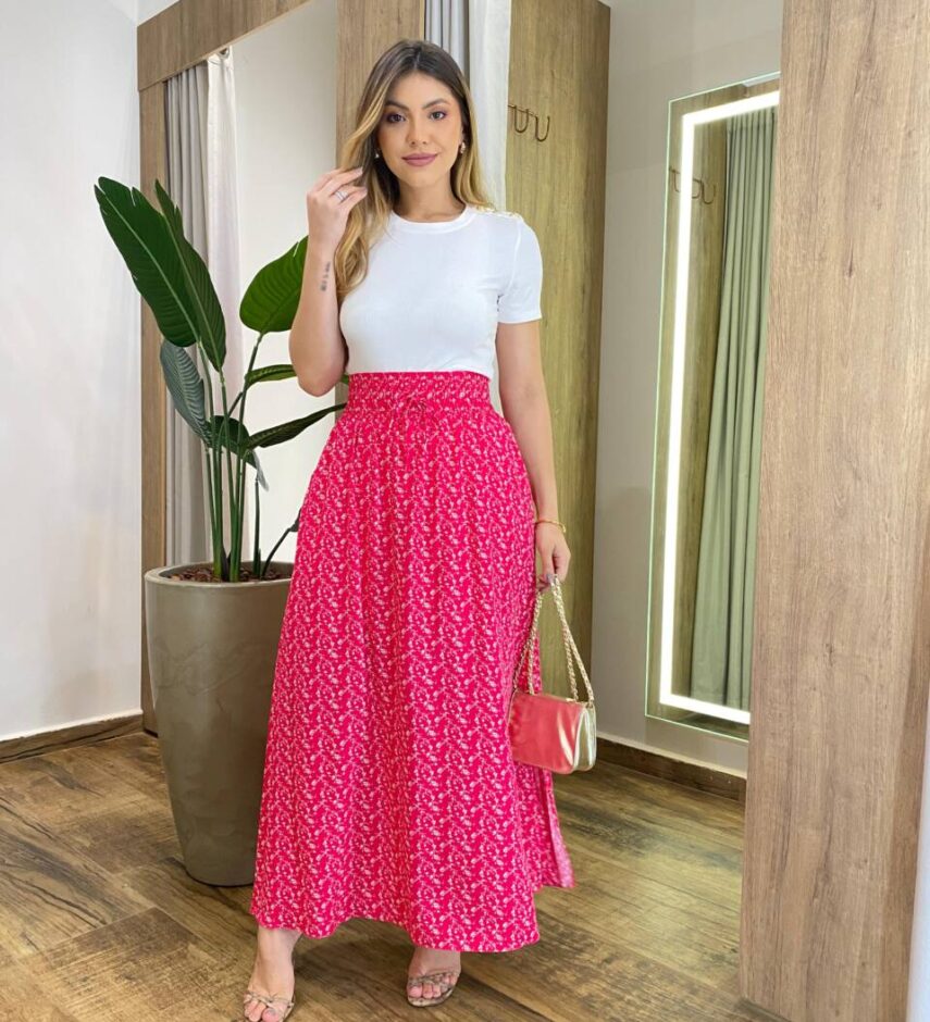 Saia Longa Feminina Luísa com Bolsos e Fenda Pink Estampada - Fernanda Ramos Store
