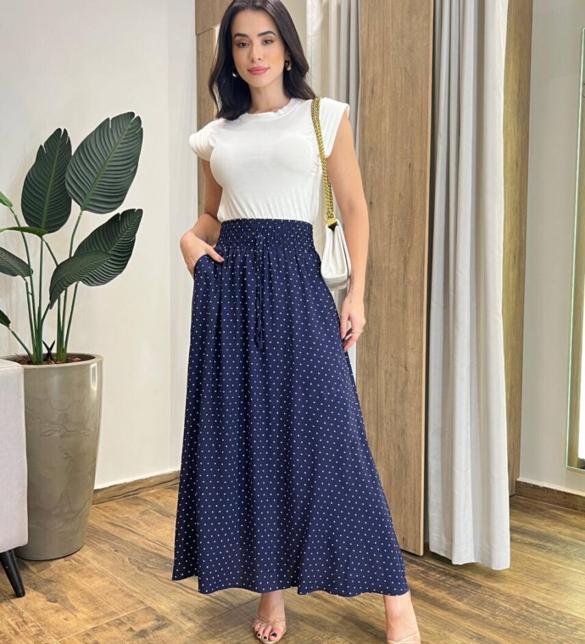 Saia Longa Feminina Luísa com Bolsos e Fenda Poá Azul Marinho - Fernanda Ramos Store