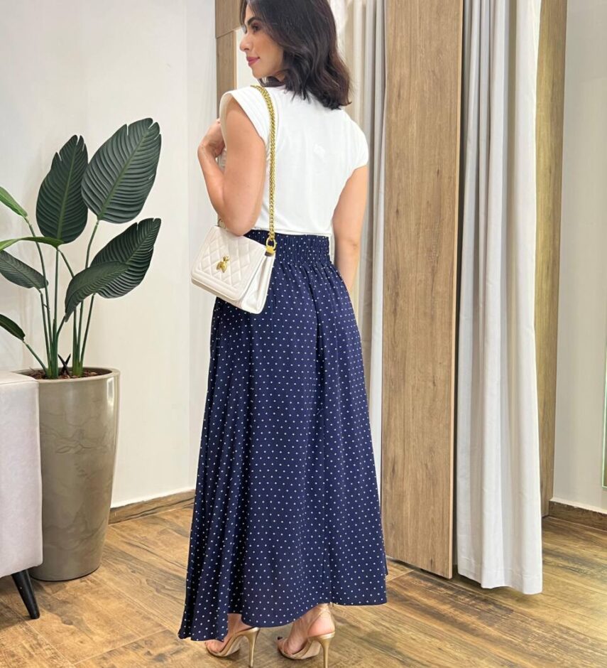 Saia Longa Feminina Luísa com Bolsos e Fenda Poá Azul Marinho - Fernanda Ramos Store