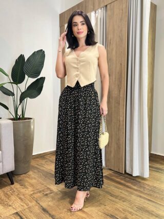 Saia Longa Feminina Luísa com Bolsos e Fenda Preta Estampa Floral - Fernanda Ramos Store