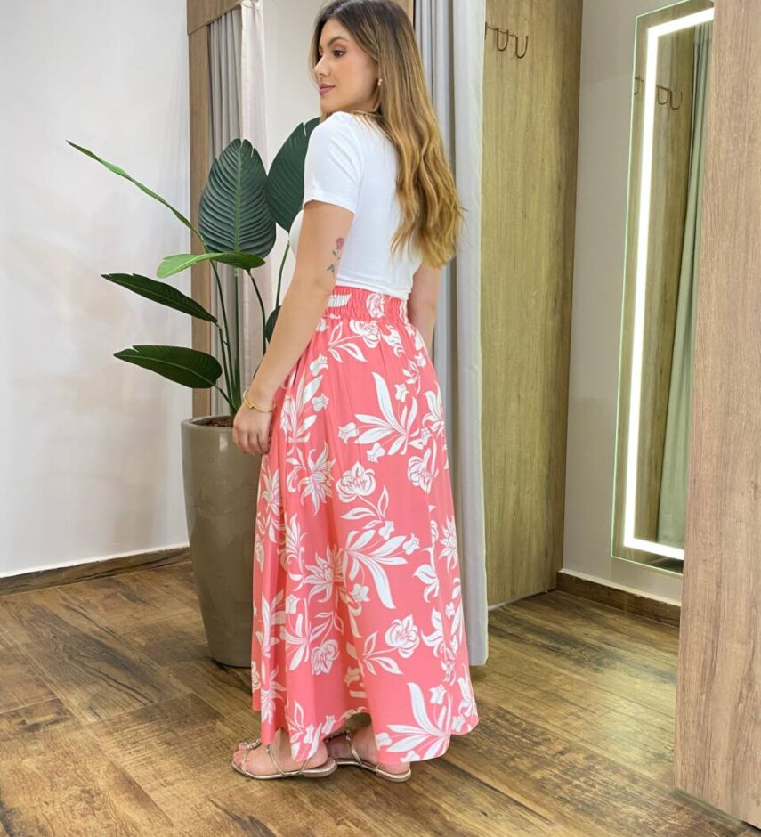 Saia Longa Feminina Mary com Bolsos e Fenda Rosa Estampada - Fernanda Ramos Store