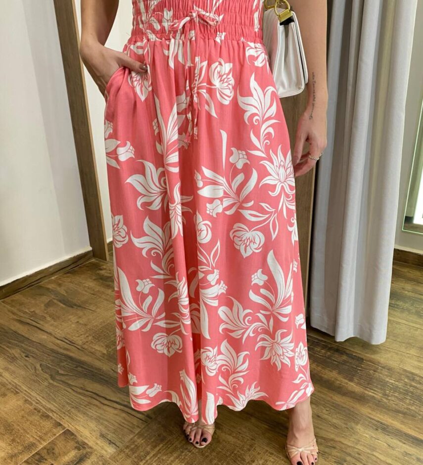 Saia Longa Feminina Mary com Bolsos e Fenda Rosa Estampada - Fernanda Ramos Store