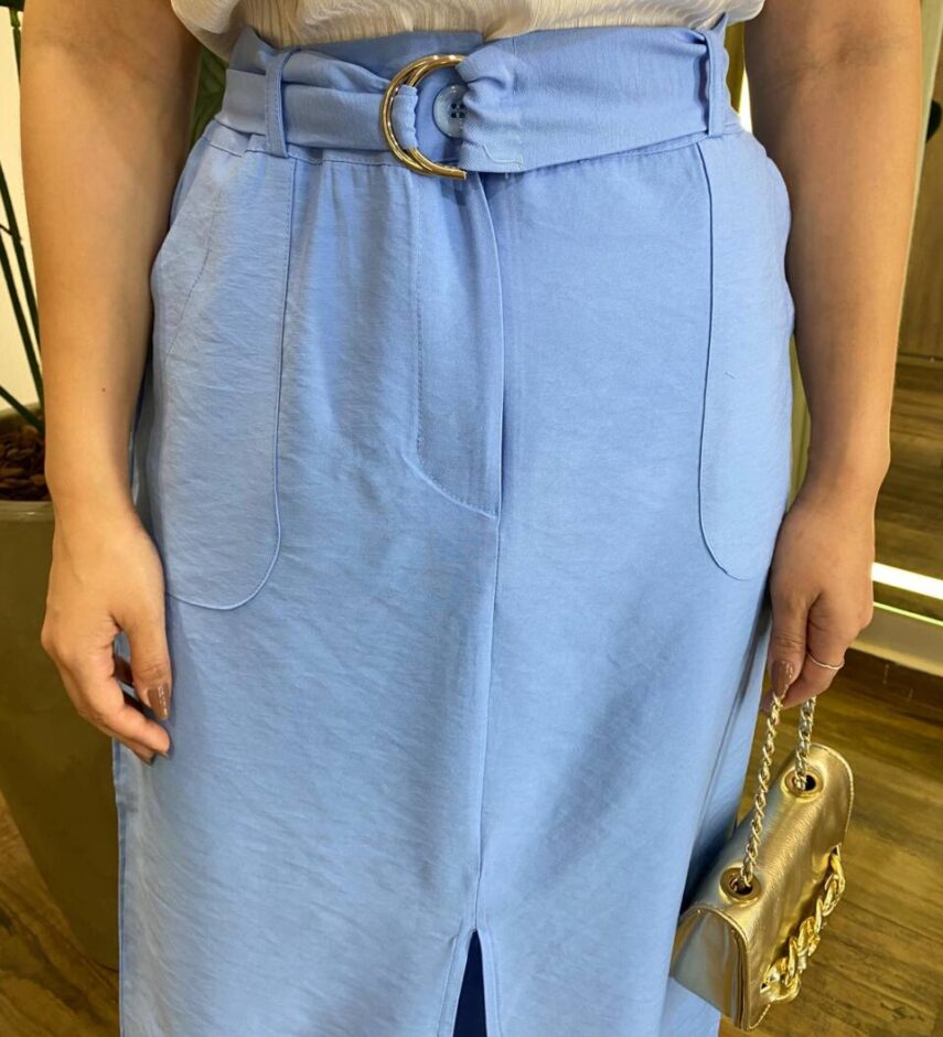 Saia Midi Feminina Alfaiataria Diana Azul com Cinto - Fernanda Ramos Store