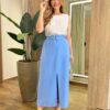 Saia Midi Feminina Alfaiataria Diana Azul com Cinto - Fernanda Ramos Store