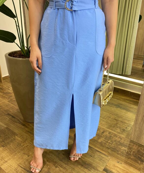 Saia Midi Feminina Alfaiataria Diana Azul com Cinto - Fernanda Ramos Store