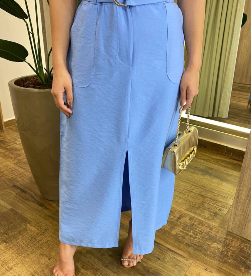 Saia Midi Feminina Alfaiataria Diana Azul com Cinto - Fernanda Ramos Store