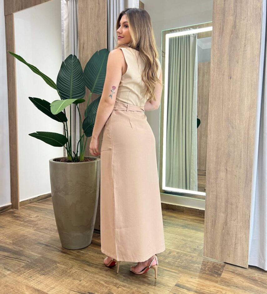 Saia Midi Feminina Alfaiataria Diana Bege Escuro com Cinto - Fernanda Ramos Store