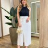 Saia Midi Feminina Alfaiataria Diana Off White com Cinto - Fernanda Ramos Store