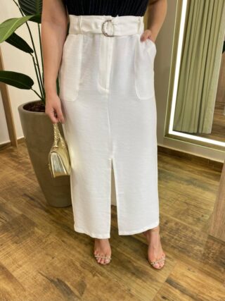 Saia Midi Feminina Alfaiataria Diana Off White com Cinto - Fernanda Ramos Store