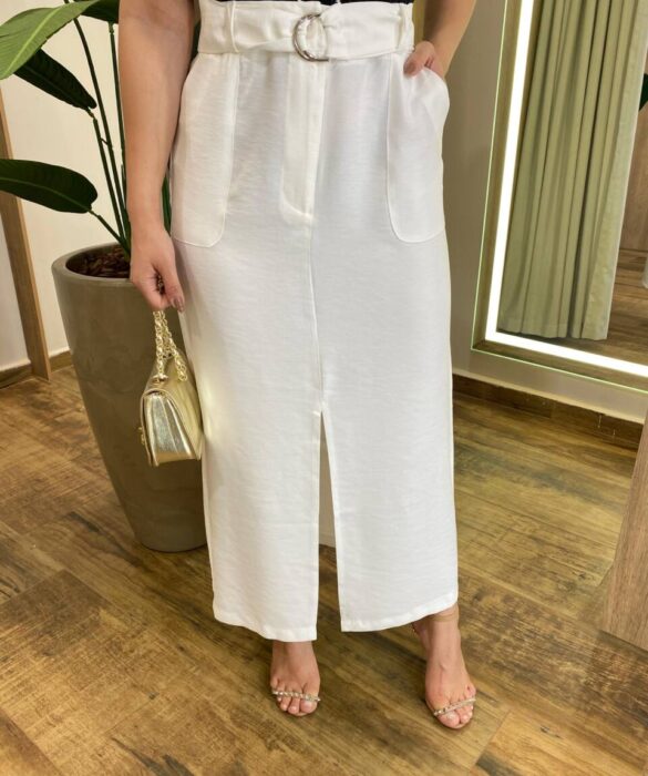 Saia Midi Feminina Alfaiataria Diana Off White com Cinto - Fernanda Ramos Store