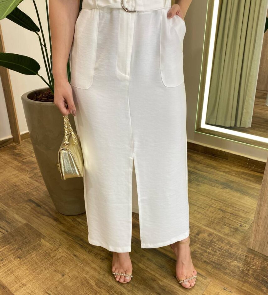 Saia Midi Feminina Alfaiataria Diana Off White com Cinto - Fernanda Ramos Store