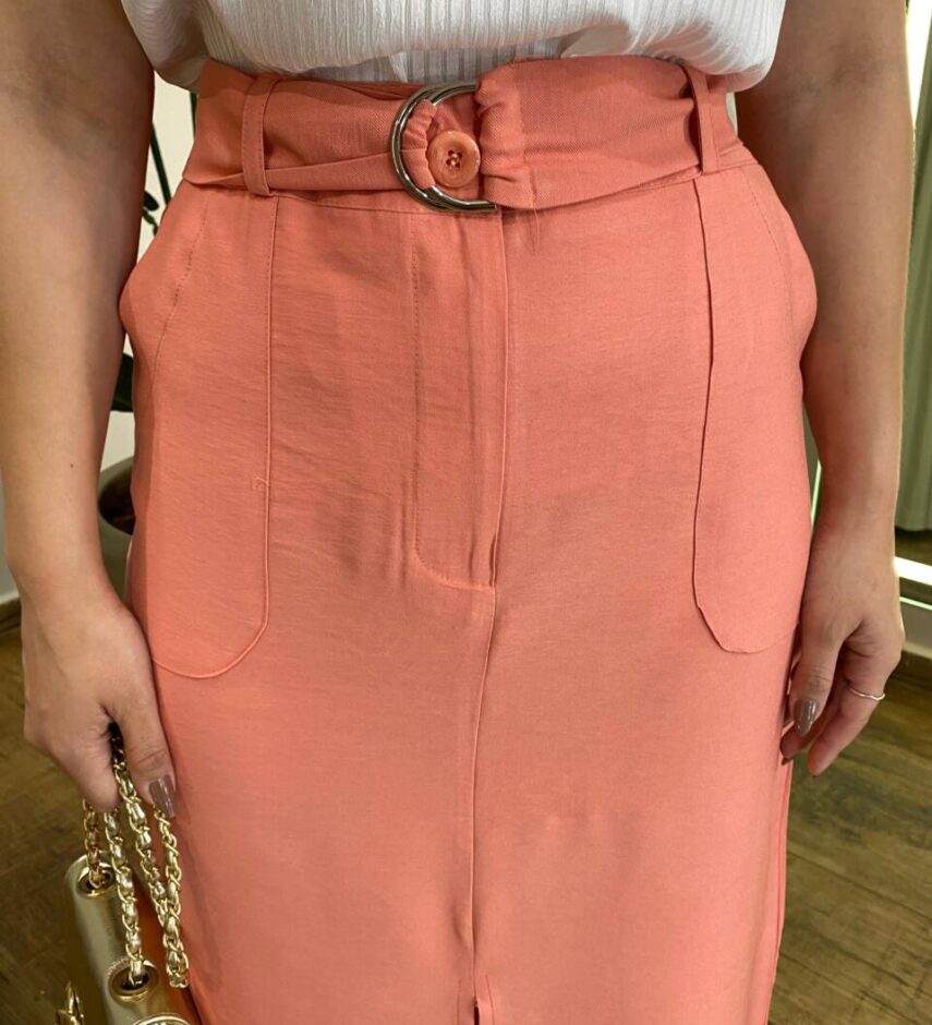Saia Midi Feminina Alfaiataria Diana Salmão com Cinto - Fernanda Ramos Store