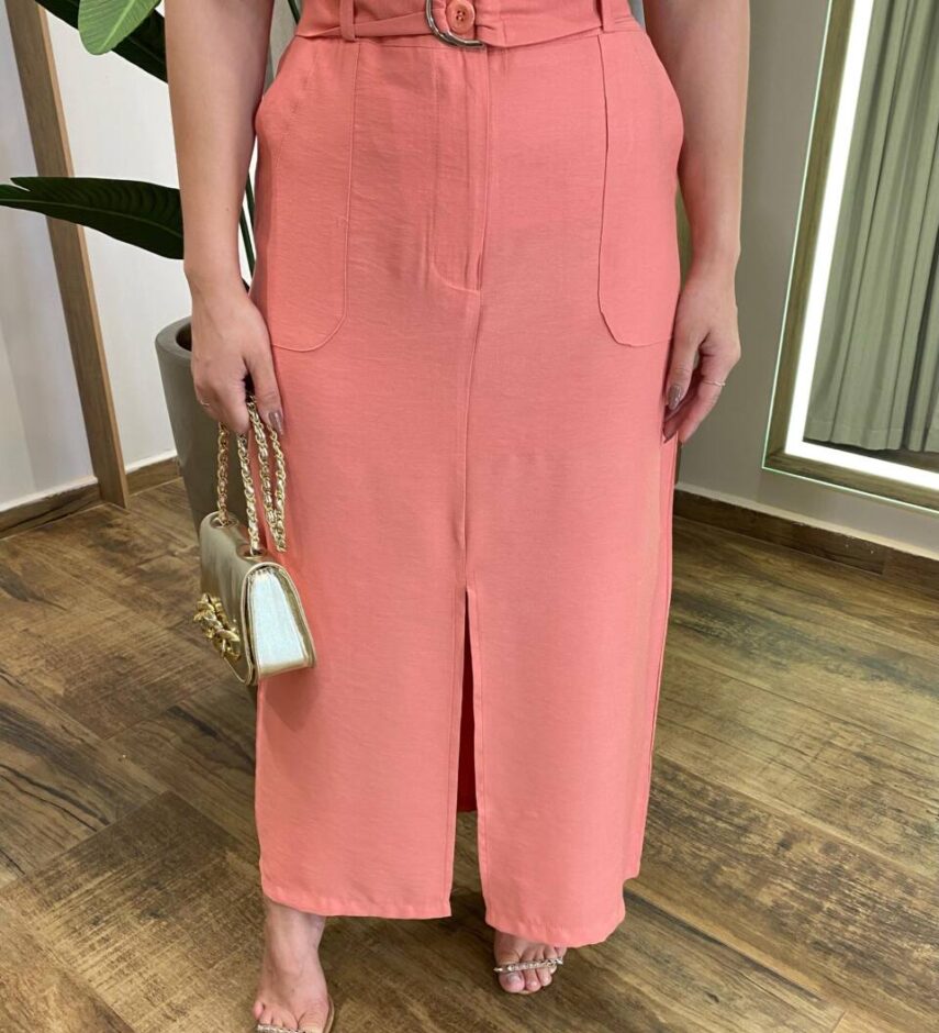 Saia Midi Feminina Alfaiataria Diana Salmão com Cinto - Fernanda Ramos Store