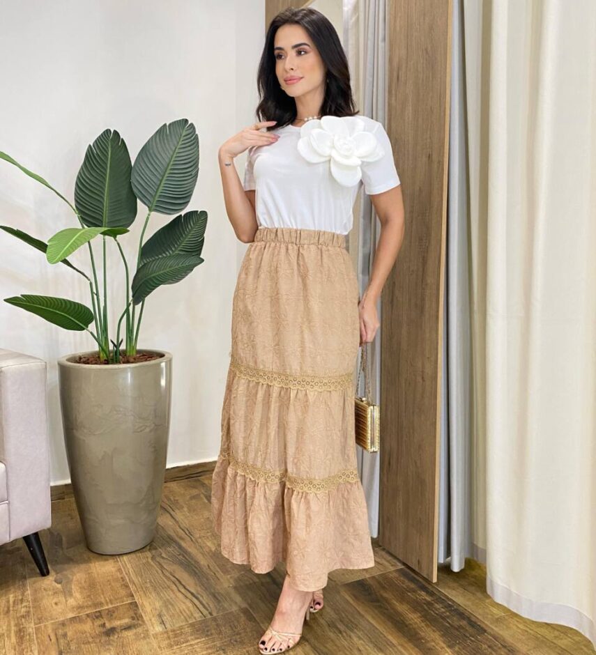 Saia Midi Feminina Nina com Bordado Floral Bege - Fernanda Ramos Store