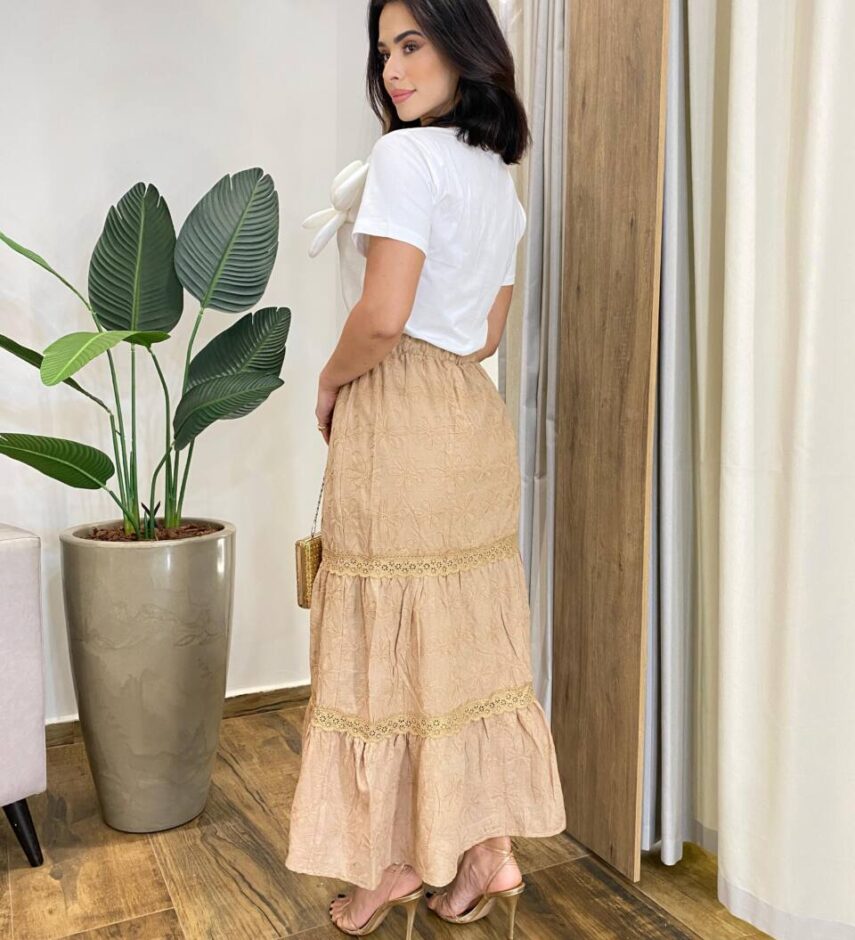 Saia Midi Feminina Nina com Bordado Floral Bege - Fernanda Ramos Store