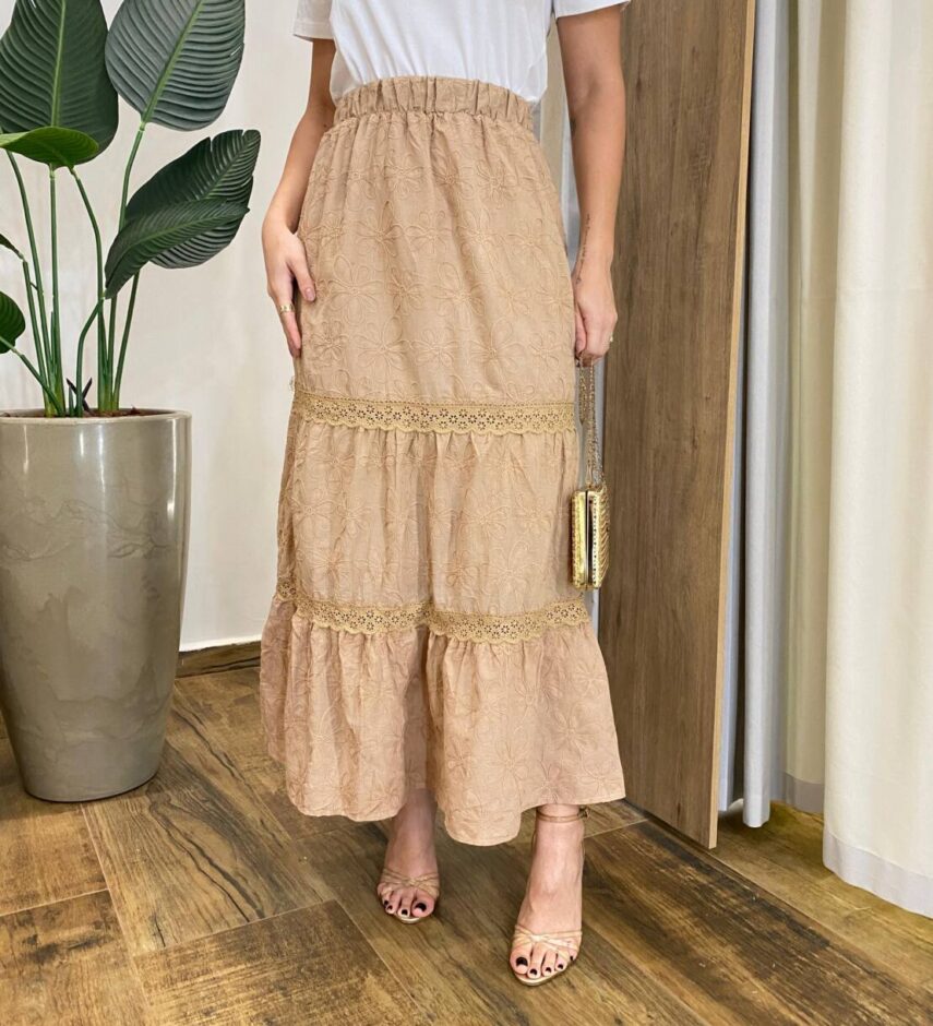 Saia Midi Feminina Nina com Bordado Floral Bege - Fernanda Ramos Store