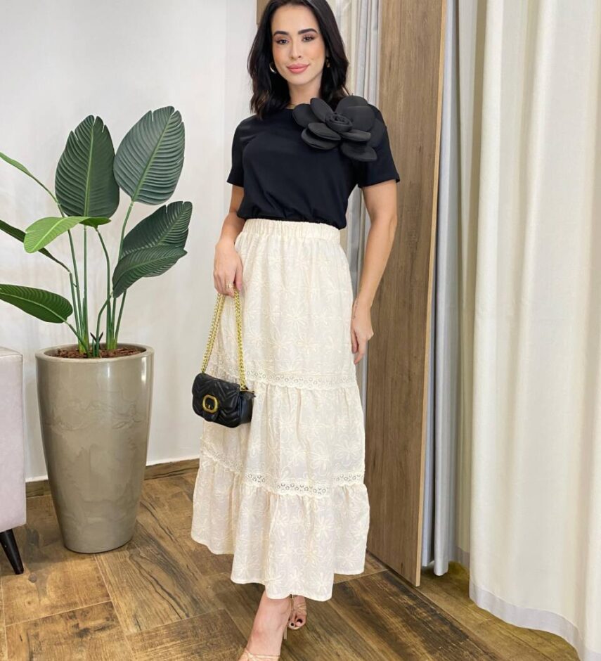 Saia Midi Feminina Nina com Bordado Floral Creme - Fernanda Ramos Store