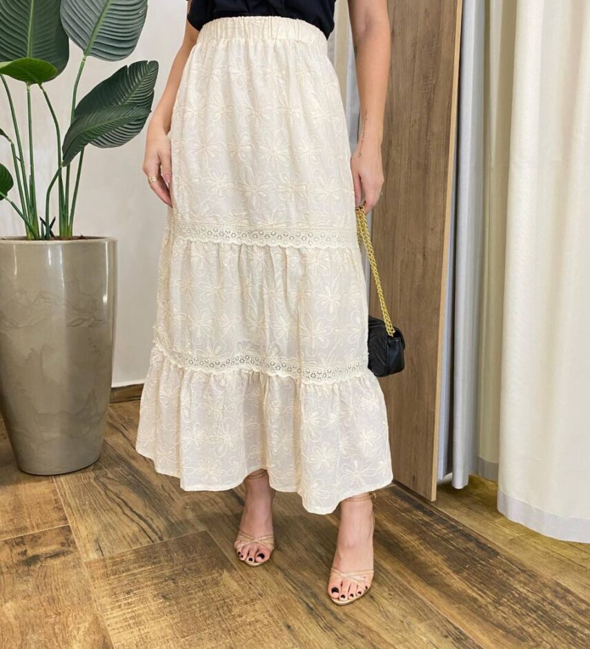Saia Midi Feminina Nina com Bordado Floral Creme - Fernanda Ramos Store