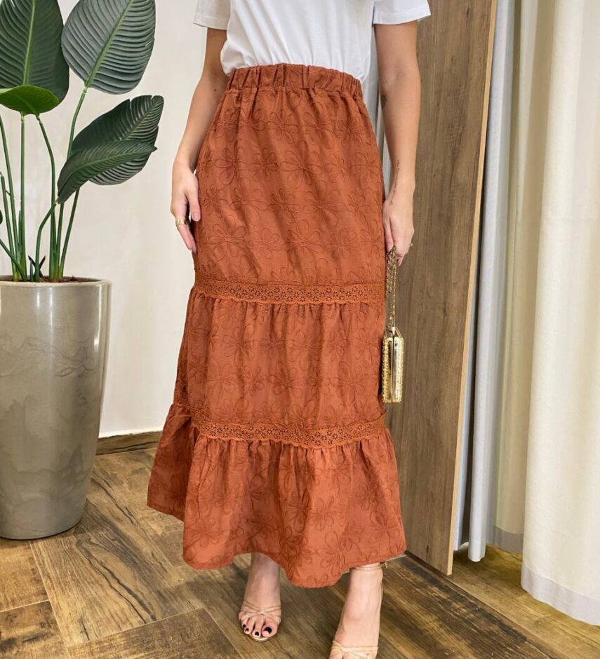 Saia Midi Feminina Nina com Bordado Floral Marrom - Fernanda Ramos Store