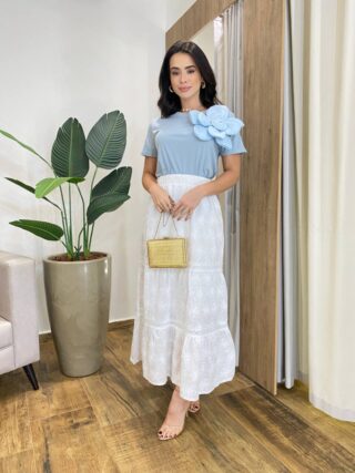 Saia Midi Feminina Nina com Bordado Floral Off White - Fernanda Ramos Store