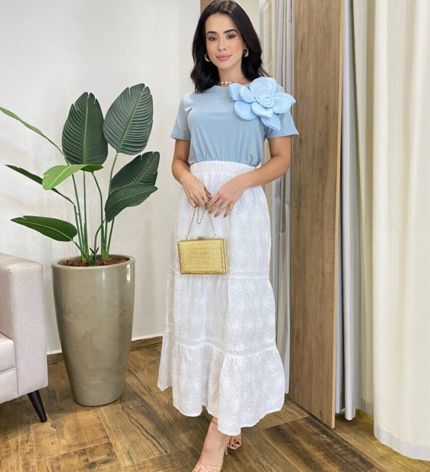 Saia Midi Feminina Nina com Bordado Floral Off White - Fernanda Ramos Store