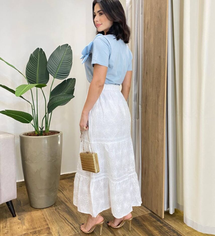 Saia Midi Feminina Nina com Bordado Floral Off White - Fernanda Ramos Store