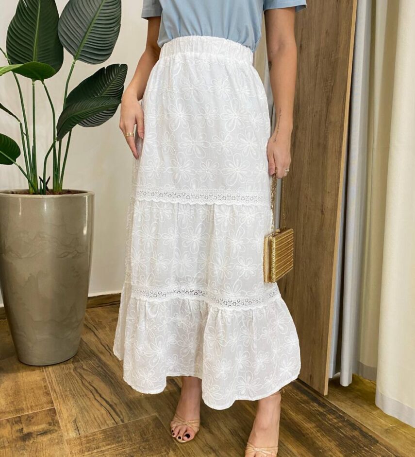 Saia Midi Feminina Nina com Bordado Floral Off White - Fernanda Ramos Store
