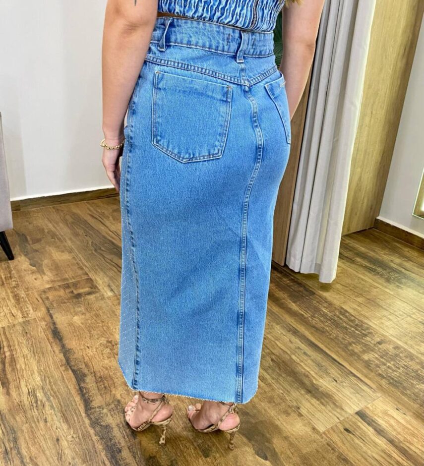 Saia Midi Feminina Raissa com Aplicações e Fenda Jeans - Fernanda Ramos Store