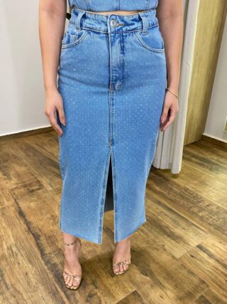 Saia Midi Feminina Raissa com Aplicações e Fenda Jeans - Fernanda Ramos Store