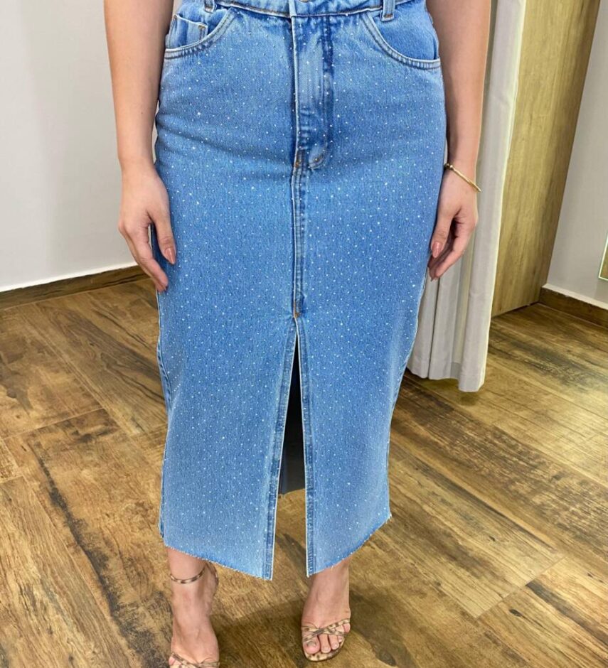 Saia Midi Feminina Raissa com Aplicações e Fenda Jeans - Fernanda Ramos Store