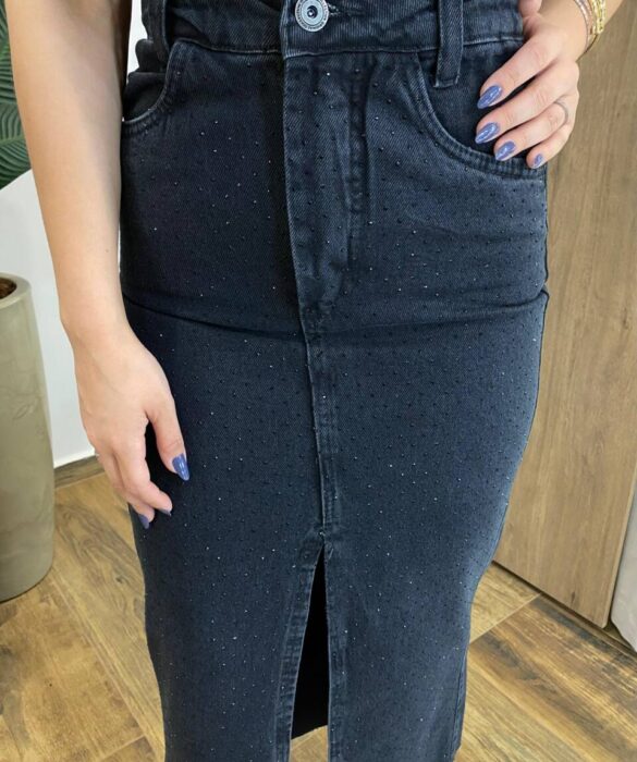 Saia Midi Feminina Raissa com Aplicações e Fenda Jeans Preta 1256P - Fernanda Ramos Store