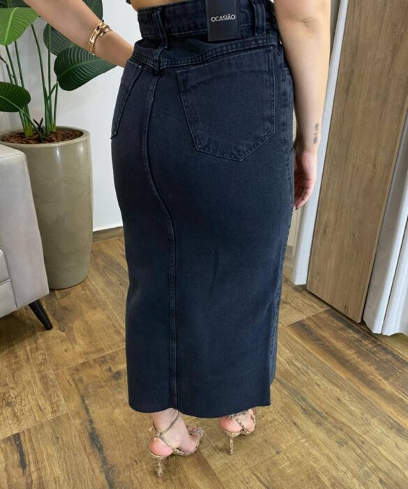 Saia Midi Feminina Raissa com Aplicações e Fenda Jeans Preta 1256P - Fernanda Ramos Store