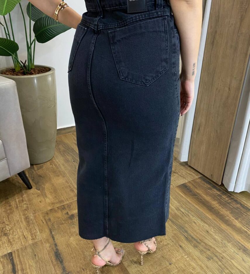 Saia Midi Feminina Raissa com Aplicações e Fenda Jeans Preta 1256P - Fernanda Ramos Store