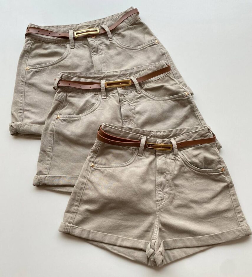Short Feminino Sarja Boyfriend Alto com Cinto Bege Acinzentado 094790 - Fernanda Ramos Store