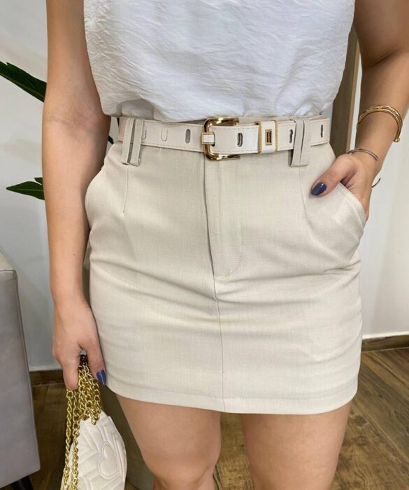 Short Saia Feminino Alfaiataria Emily Nude com Cinto - Fernanda Ramos Store