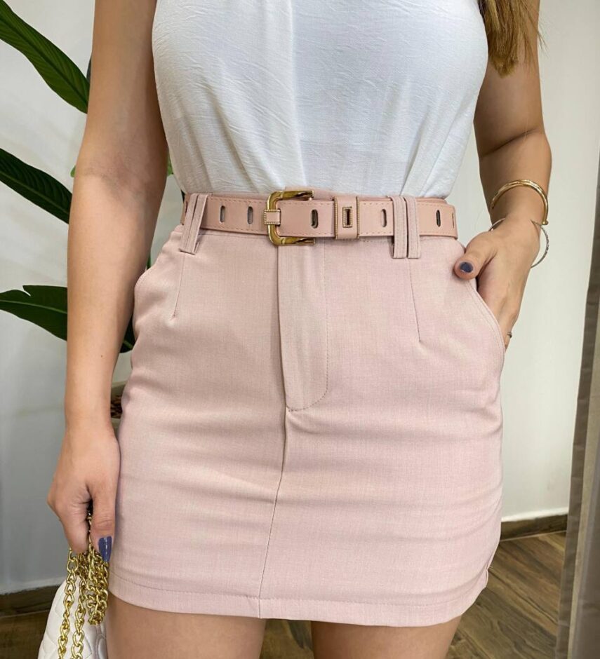 Short Saia Feminino Alfaiataria Emily Rosé com Cinto - Fernanda Ramos Store